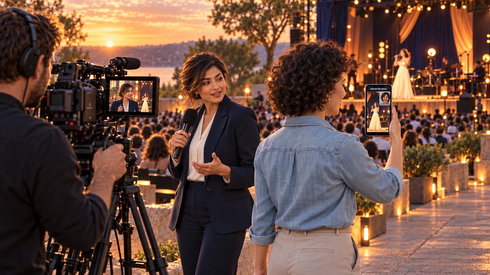 A woman walks past a broadcast crew at an event, holding up a phone whose screen shows the scene ahead of her with a small inset of her own face.
