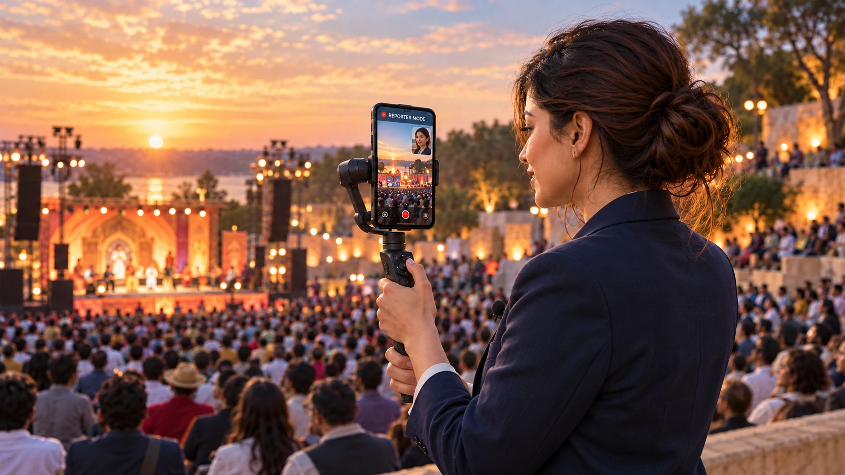 A reporter stands at a lit outdoor event holding a phone on a handheld grip with both hands.