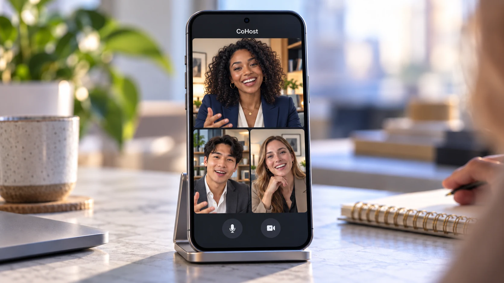 A phone on a stand showing three people in a side-by-side live conversation.