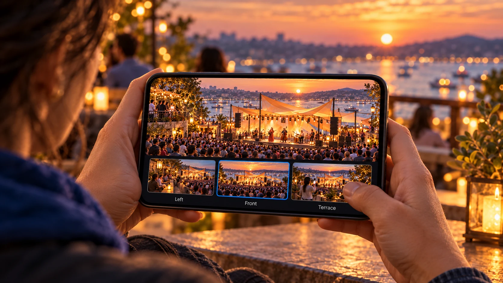 A person holds a phone showing a performance, with smaller alternative views of the same stage arranged along the screen.