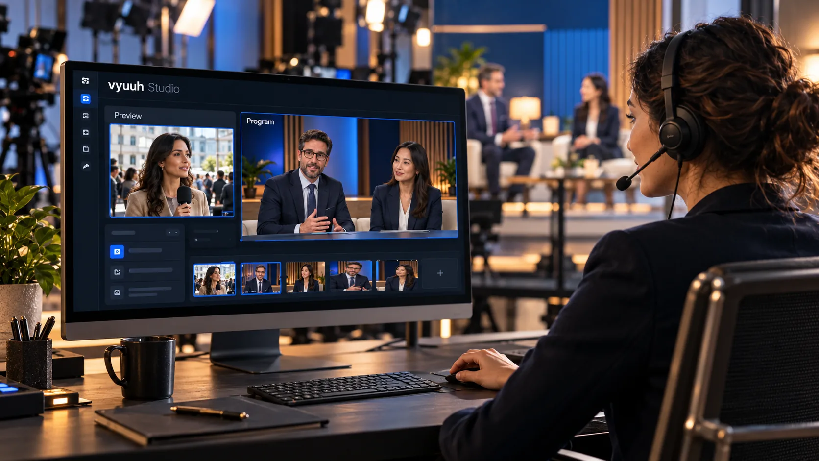 A producer sits at a desk facing a large monitor showing two people in an interview, with a row of smaller source thumbnails beneath it and a microphone in front of her.