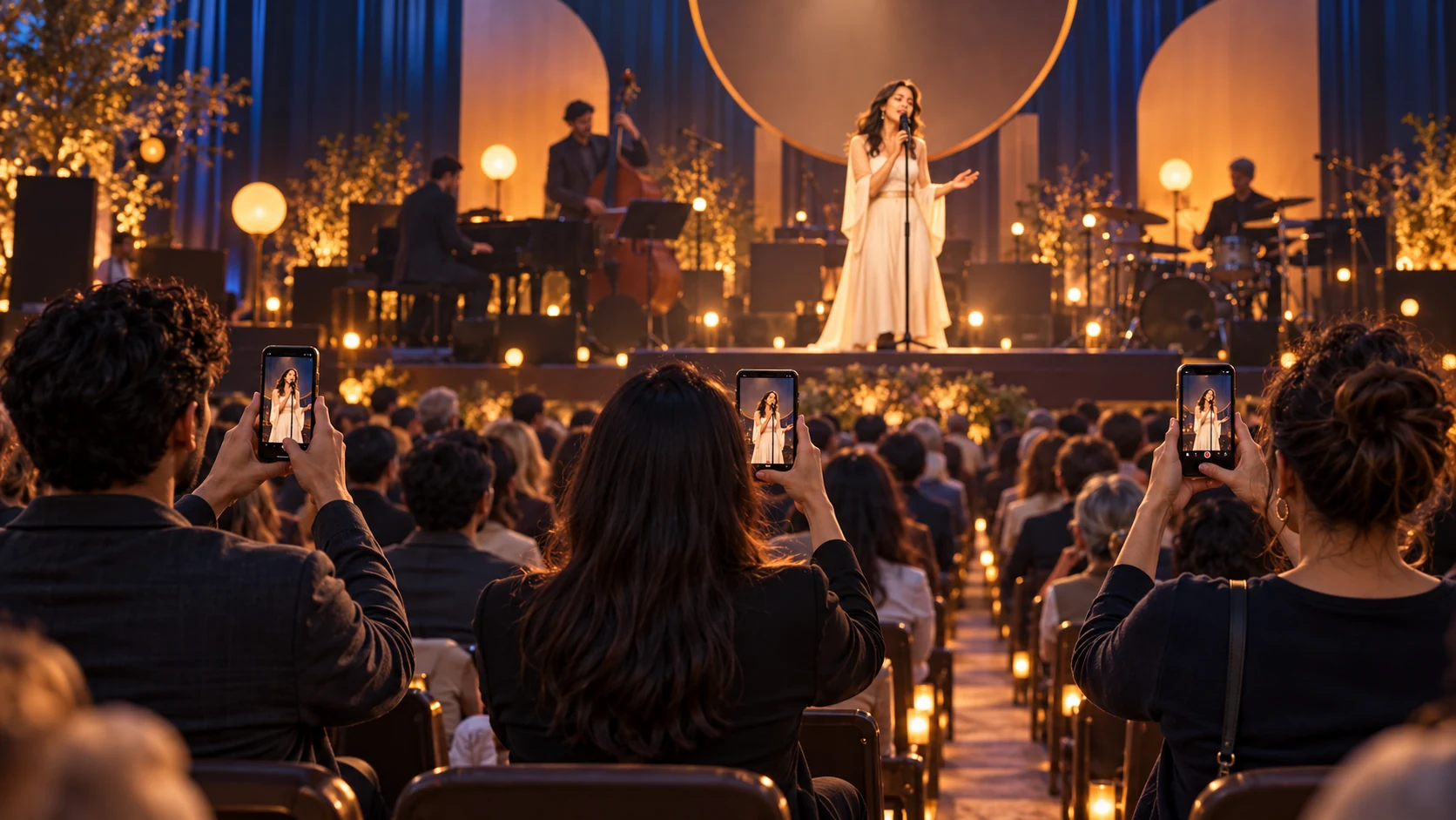 Three people stand at the left, centre and right of a venue, each holding up a phone toward the same singer on stage.